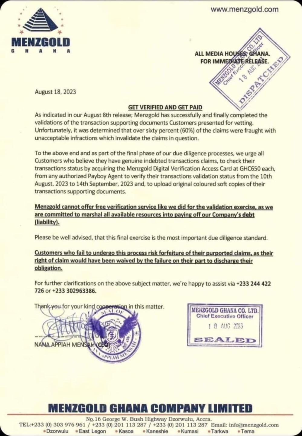 Pay GHS650 to get your transaction verified and get paid - Nam1 to Menzgold Customers 
