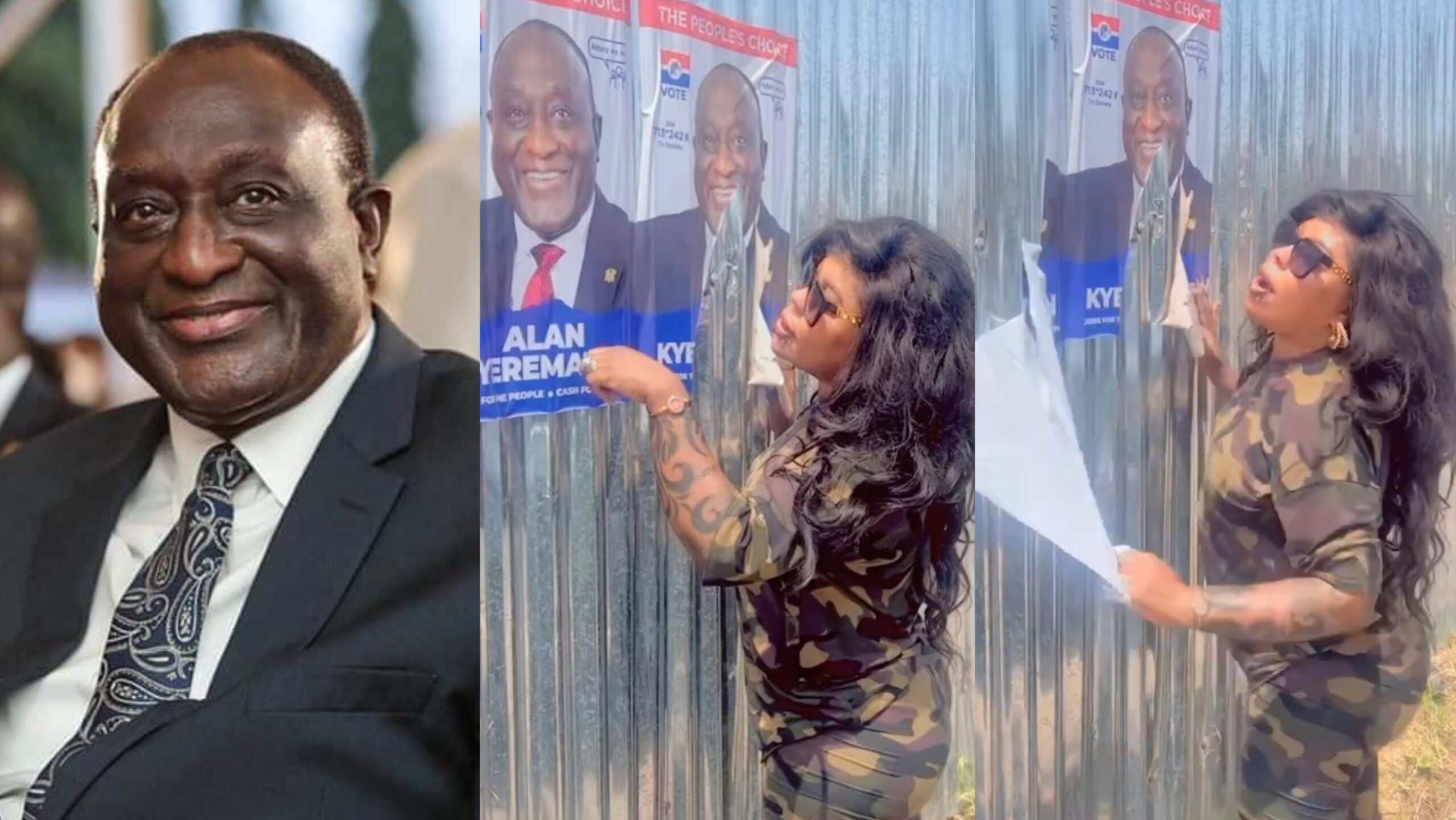 Afia Schwar angrily tears and removes Alan Kyerematen’s campaign posters from her property