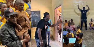Medikal Donates Items To Students Who Study Without Table, Uses Cement Blocks As Chairs