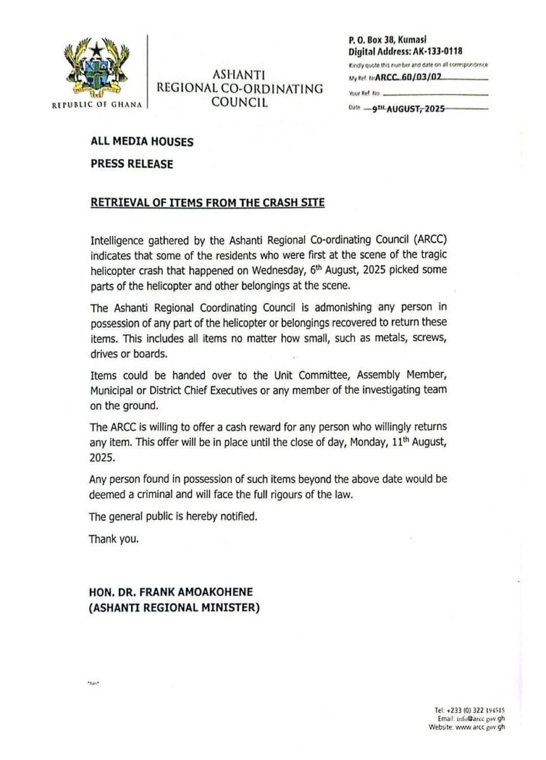 Obuasi helicopter crash reward