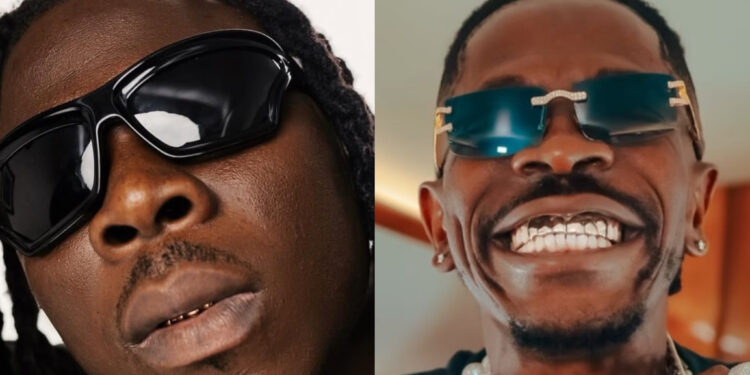 Stonebwoy and Shatta Wale split image highlighting the Ghanaian dancehall rivalry after Shatta Wale's 2026 Shatta Fest UK concert cancellation and Stonebwoy's viral quote.