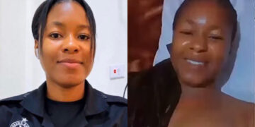 Ghanaian policewoman in uniform with handcuffs and service pistol featured in viral social media misconduct video amid public backlash.